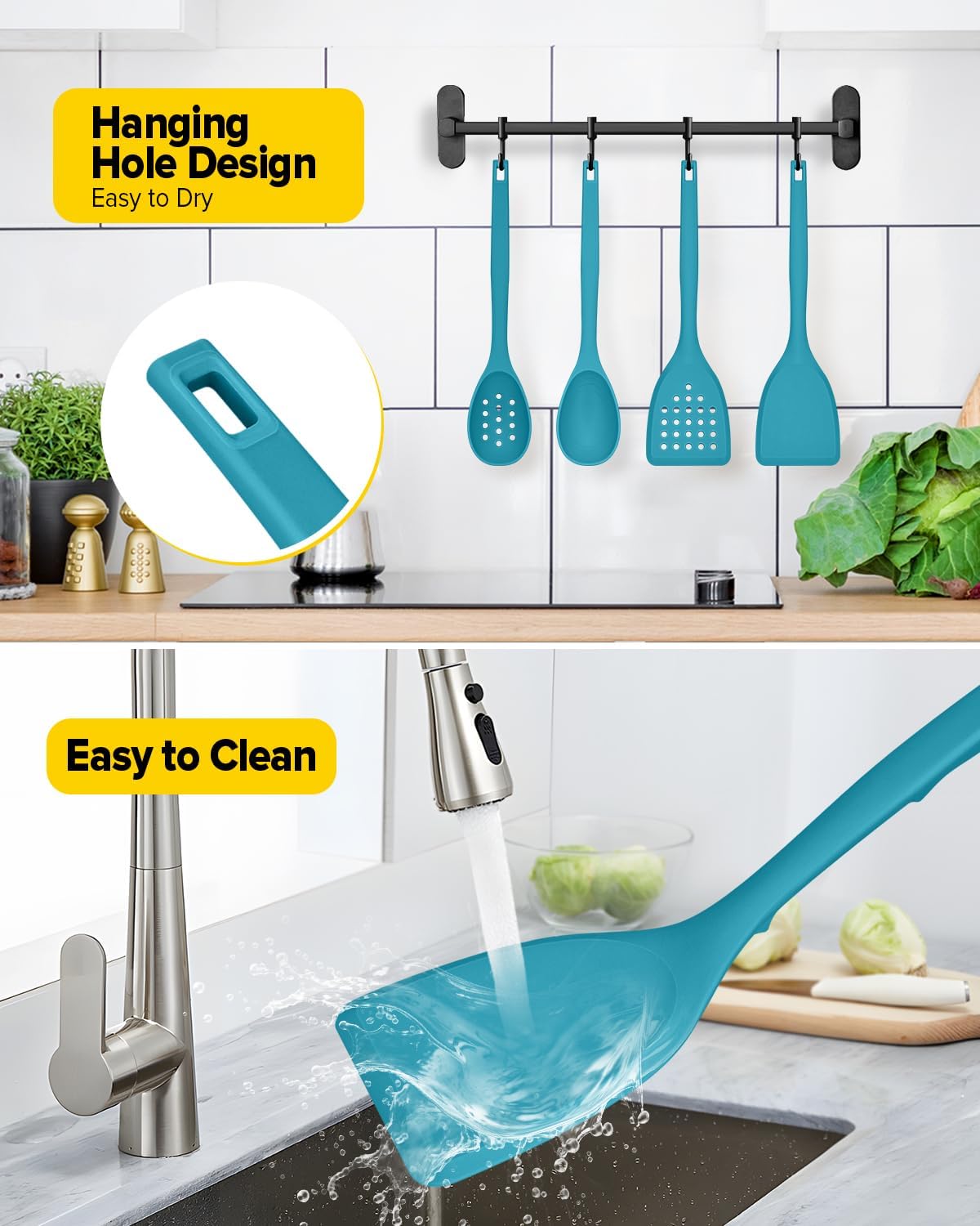 Silicone Cooking Utensils Set, 4 Pcs Spatula and Spoon Set, Khaki