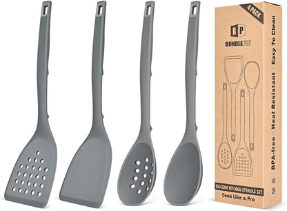 Silicone Cooking Utensils Set, 4 Pcs Spatula and Spoon Set, Khaki