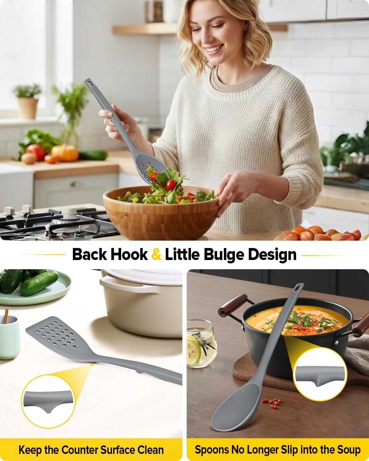 Silicone Cooking Utensils Set, 4 Pcs Spatula and Spoon Set, Khaki