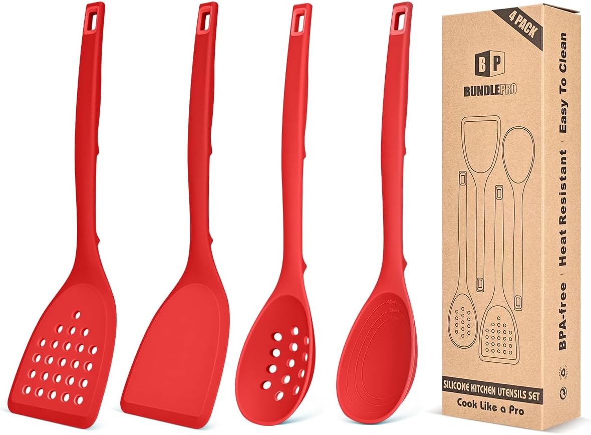 Silicone Cooking Utensils Set, 4 Pcs Spatula and Spoon Set, Khaki