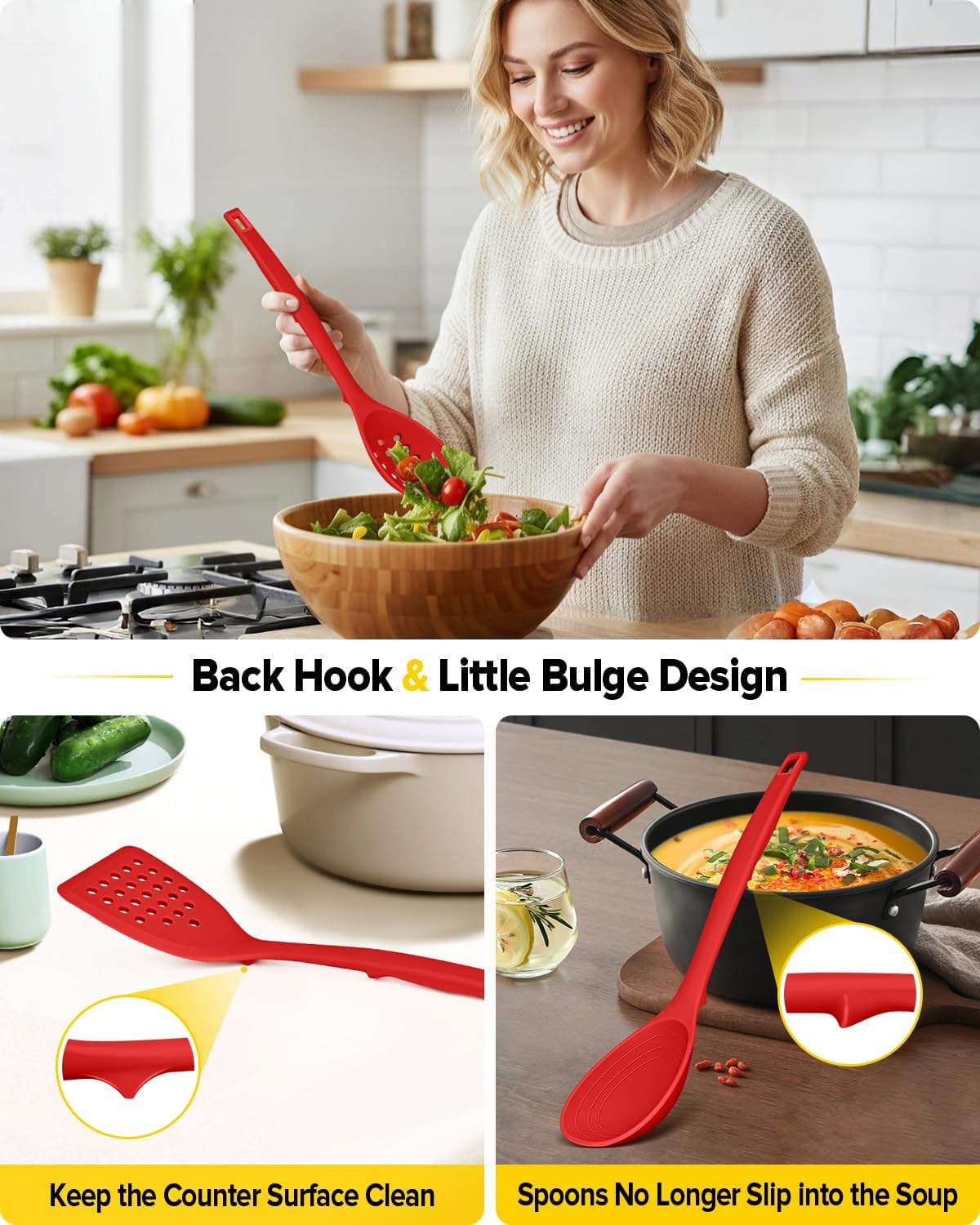 Silicone Cooking Utensils Set, 4 Pcs Spatula and Spoon Set, Khaki