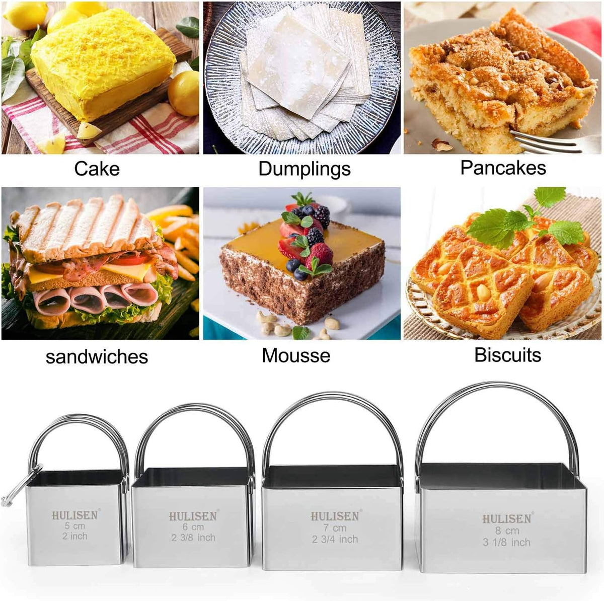 Square Biscuit Cutter Set 4-Pc, Cookie Cutters with Handle | Stainless Steel, Dishwasher Safe, Etched inch/cm Markings, Gift-Ready Packaging, Ergonomic Arched Grip