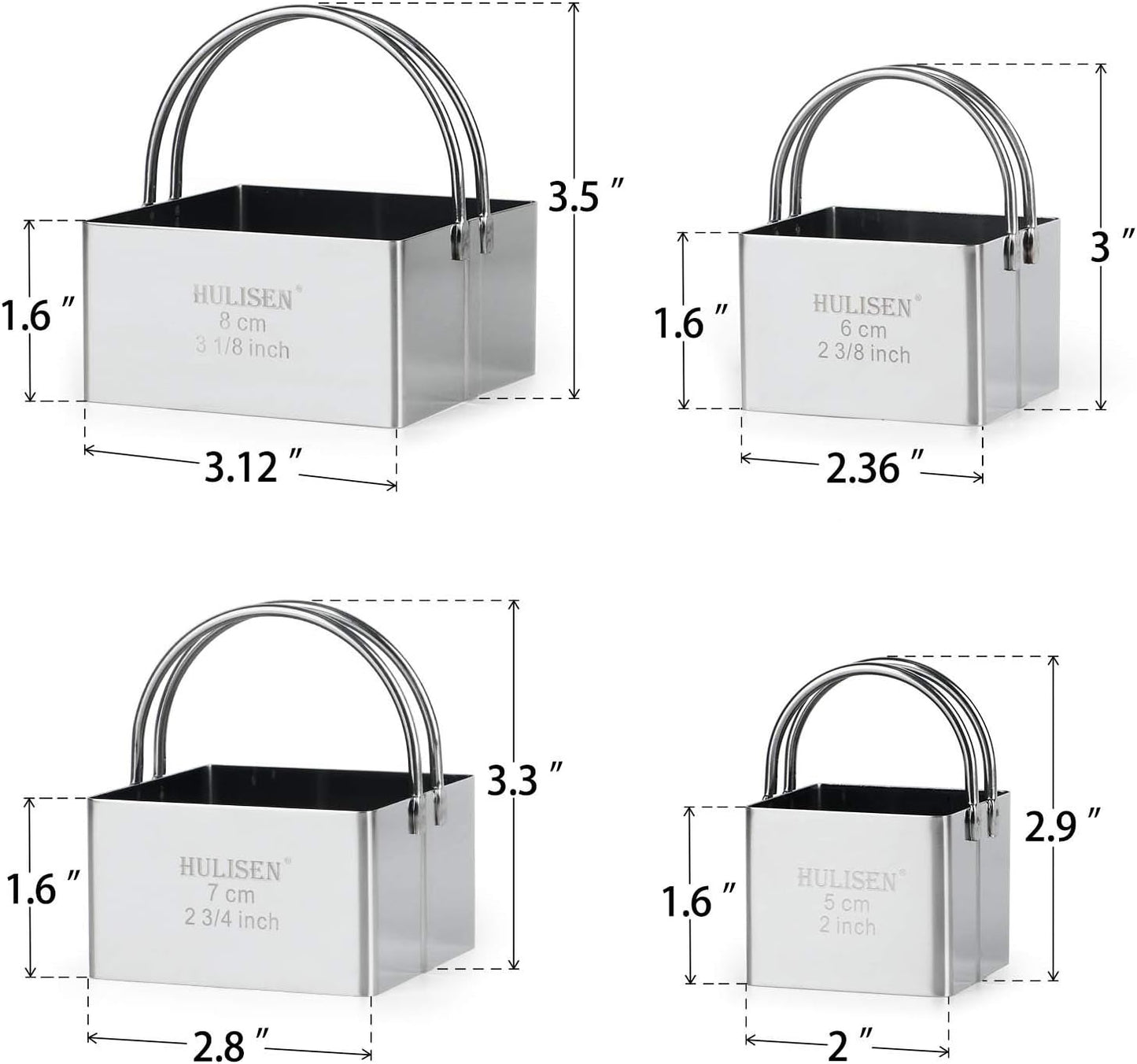 Square Biscuit Cutter Set 4-Pc, Cookie Cutters with Handle | Stainless Steel, Dishwasher Safe, Etched inch/cm Markings, Gift-Ready Packaging, Ergonomic Arched Grip