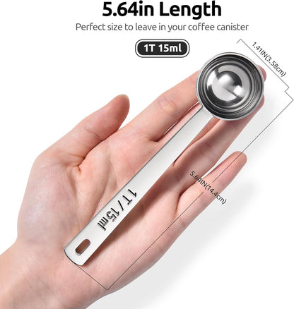 Coffee Scoop 1 Tablespoon: 18/8 Stainless Steel Measuring Scooper for Ground Coffee, Bean, Powder, Espresso, 4.3in Long Handle Metal Measure Spoon for Canister, Jar (1Tbsp/15ml)