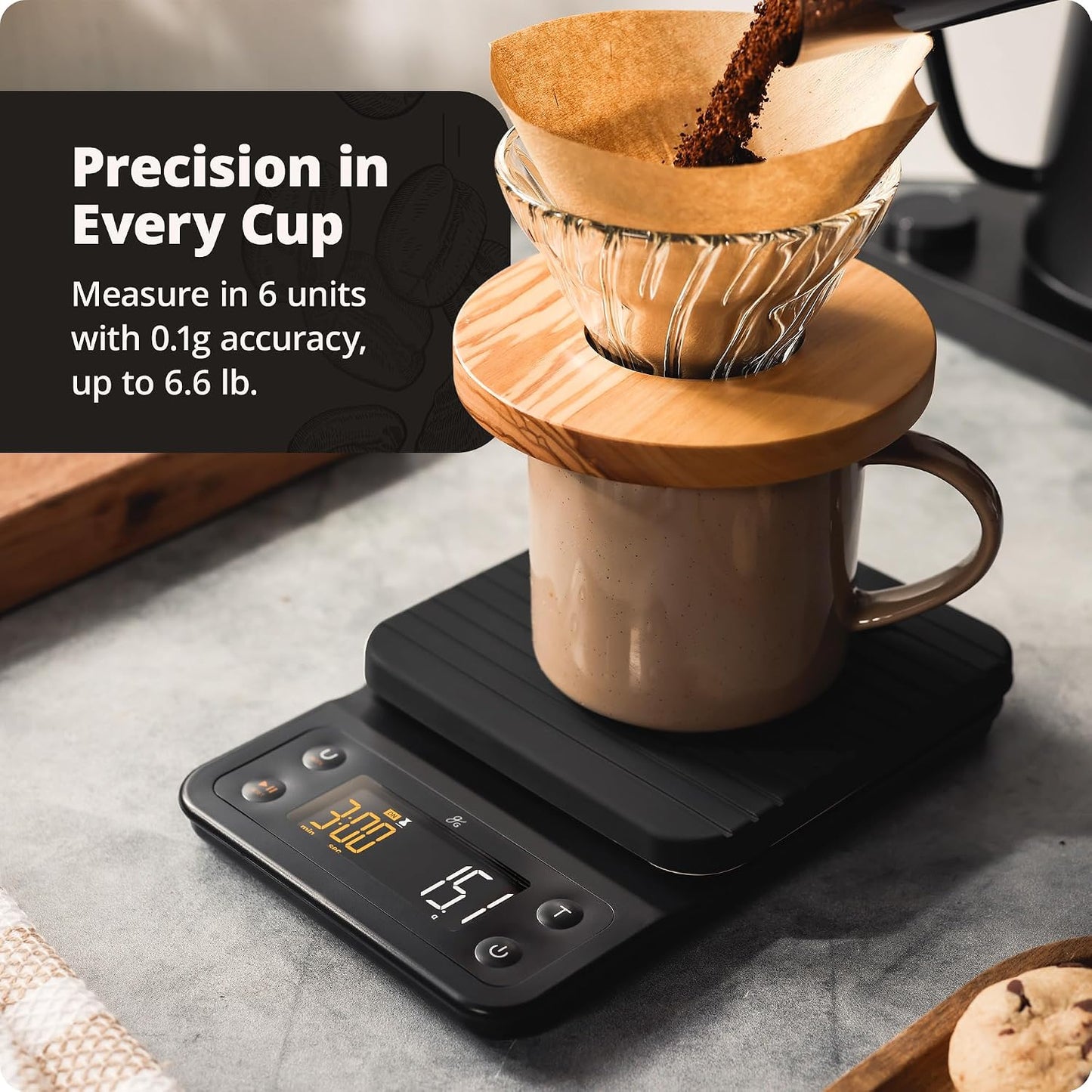 Coffee Scale with Timer, 0.1g Precision Digital Espresso & Pour Over Scale for Chemex, V60, Drip & Matcha Weighing, Waterproof Silicone Cover, 6.6lb Barista Brew Capacity (Onyx Black)