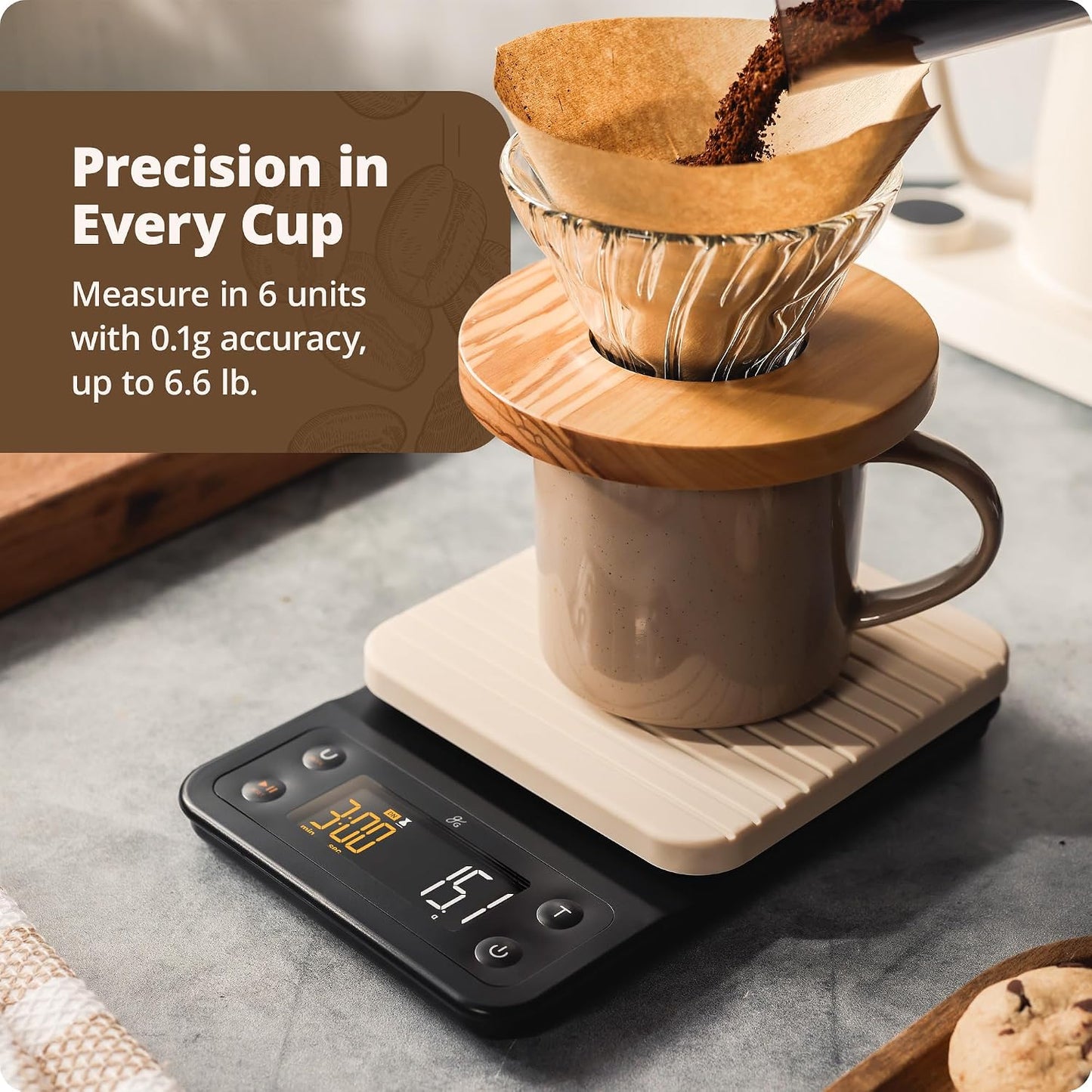 Coffee Scale with Timer, 0.1g Precision Digital Espresso & Pour Over Scale for Chemex, V60, Drip & Matcha Weighing, Waterproof Silicone Cover, 6.6lb Barista Brew Capacity (Onyx Black)