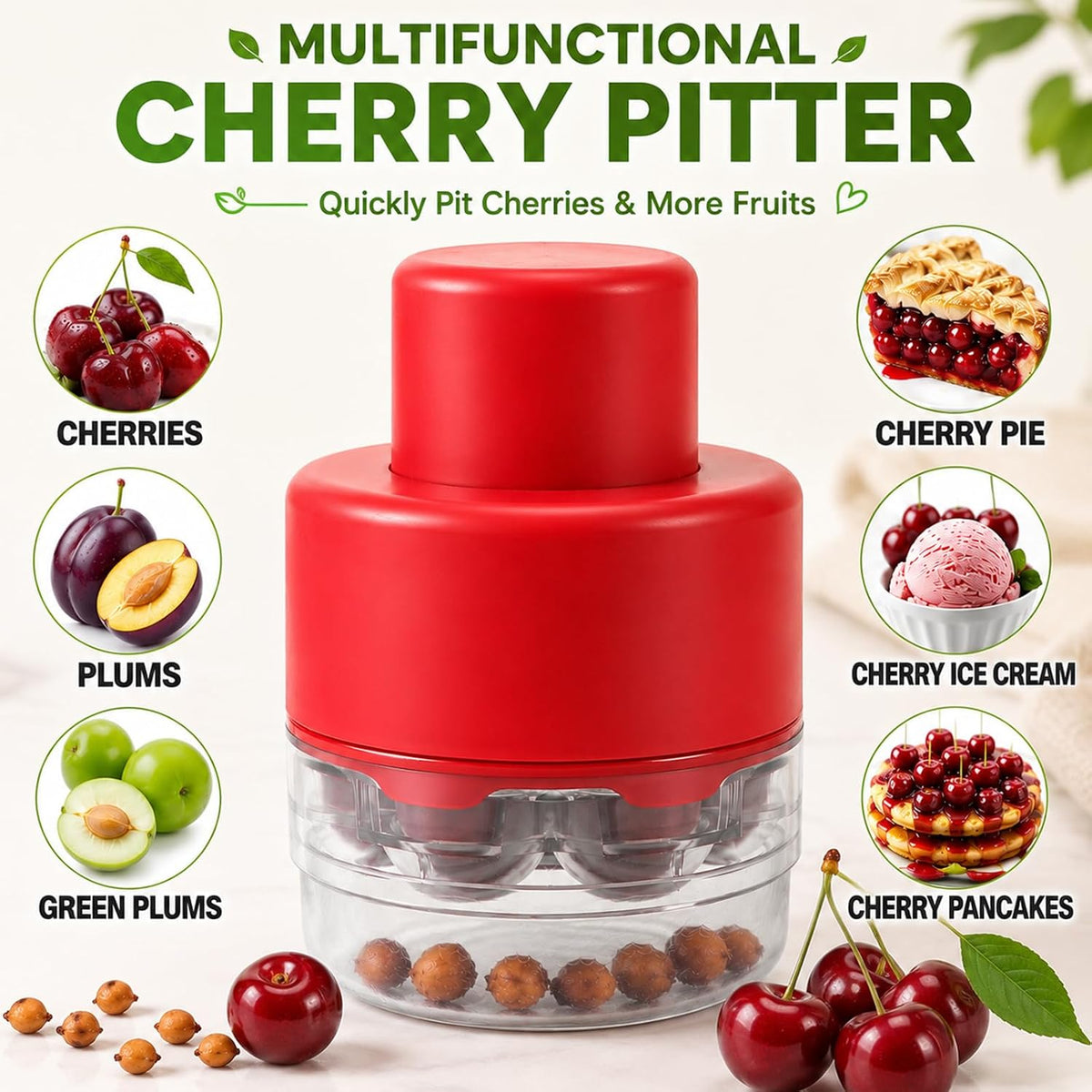 7-in-1 Cherry Pitter Tool for 7 Cherries at Once, Large Capacity Cherry Corer & Cherry Seed Remover with Splash Guard, Easy Push Fruit Pitter for Cherries, Olives, Red Dates, Red