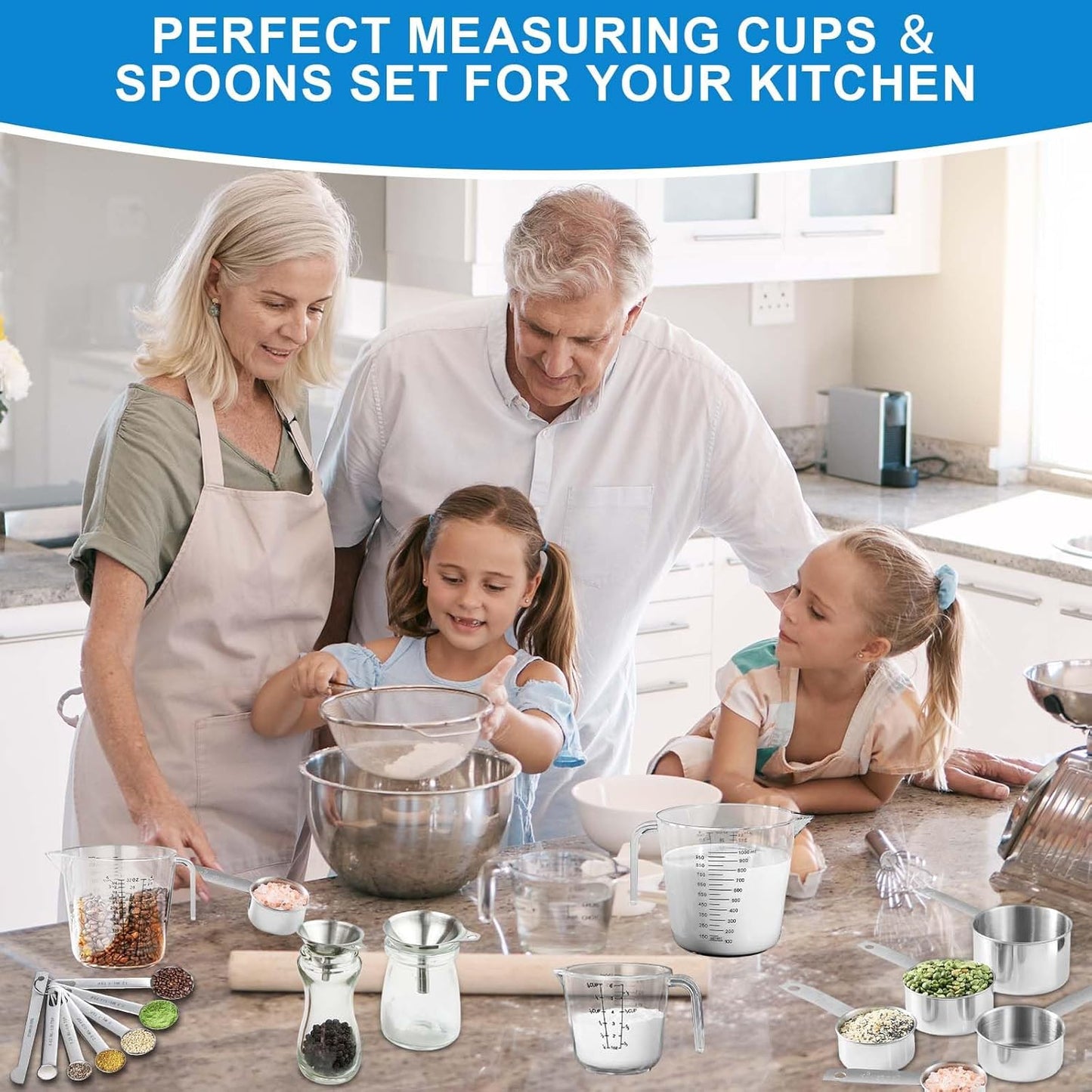 Measuring Cups and Spoons Set 21 Piece, 11 Stainless Steel Nesting Measuring Spoons and Cups with 3 Plastic Measuring Cup, 3 Funnel, 3 Brush, 1 Ruler, Measuring Cup Set for Kitchen Baking Liquid Dry