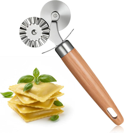 Dual Wheel Pastry Cutter, Ravioli and Pasta Wheel, Wood Handle | Fluted Pasta Ravioli Cutter, Stainless steel, Dual Head, Pastry Cutter Baking Tool, for Pasta Pizza Ravioli Cookie, Kitchen