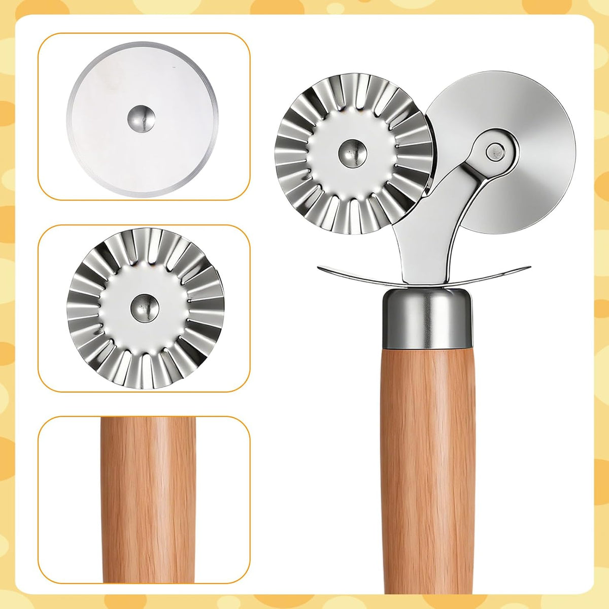 Dual Wheel Pastry Cutter, Ravioli and Pasta Wheel, Wood Handle | Fluted Pasta Ravioli Cutter, Stainless steel, Dual Head, Pastry Cutter Baking Tool, for Pasta Pizza Ravioli Cookie, Kitchen