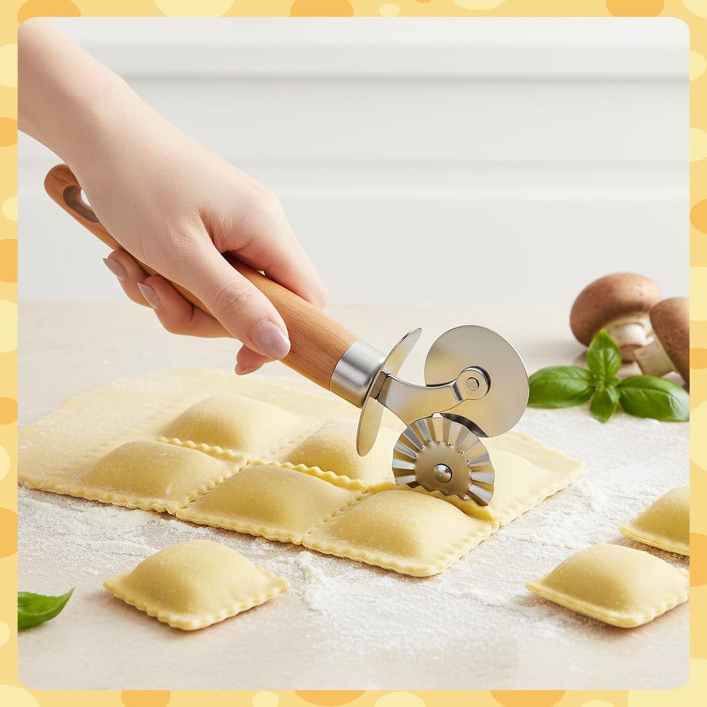Dual Wheel Pastry Cutter, Ravioli and Pasta Wheel, Wood Handle | Fluted Pasta Ravioli Cutter, Stainless steel, Dual Head, Pastry Cutter Baking Tool, for Pasta Pizza Ravioli Cookie, Kitchen