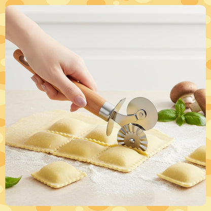 Dual Wheel Pastry Cutter, Ravioli and Pasta Wheel, Wood Handle | Fluted Pasta Ravioli Cutter, Stainless steel, Dual Head, Pastry Cutter Baking Tool, for Pasta Pizza Ravioli Cookie, Kitchen