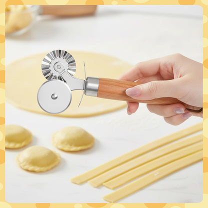 Dual Wheel Pastry Cutter, Ravioli and Pasta Wheel, Wood Handle | Fluted Pasta Ravioli Cutter, Stainless steel, Dual Head, Pastry Cutter Baking Tool, for Pasta Pizza Ravioli Cookie, Kitchen