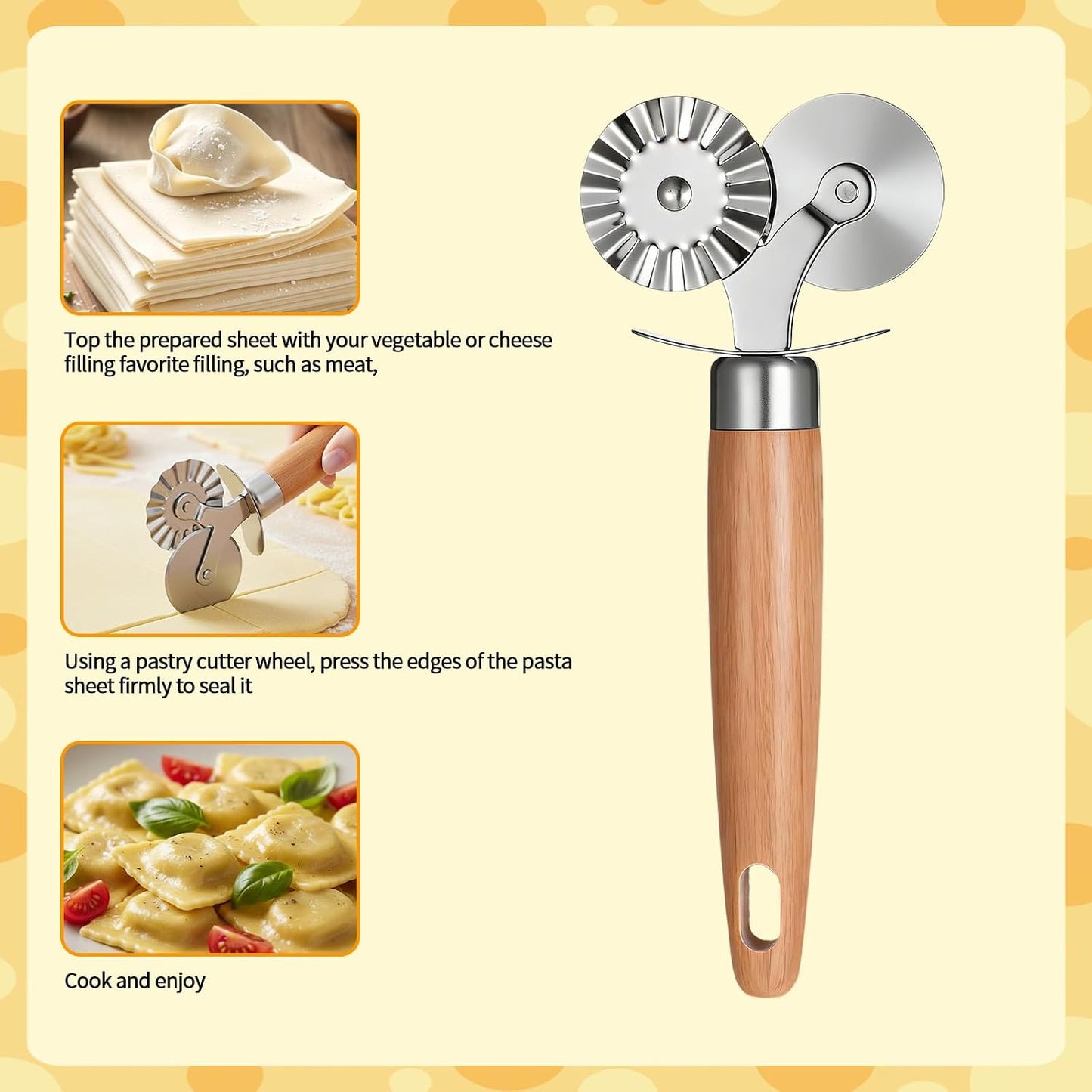 Dual Wheel Pastry Cutter, Ravioli and Pasta Wheel, Wood Handle | Fluted Pasta Ravioli Cutter, Stainless steel, Dual Head, Pastry Cutter Baking Tool, for Pasta Pizza Ravioli Cookie, Kitchen