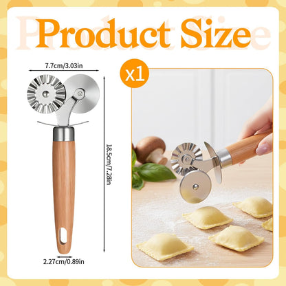 Dual Wheel Pastry Cutter, Ravioli and Pasta Wheel, Wood Handle | Fluted Pasta Ravioli Cutter, Stainless steel, Dual Head, Pastry Cutter Baking Tool, for Pasta Pizza Ravioli Cookie, Kitchen