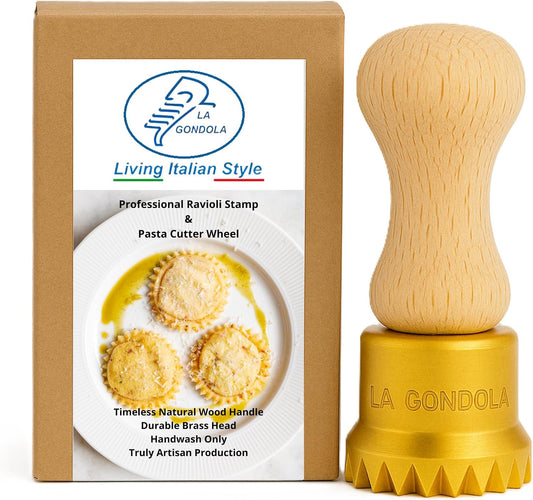 La Gondola Homemade Ravioli Stamp - Round Festooned 1.97in | Italian Pasta Making Tool for Home and Business | Brass & Natural Wood | Sturdy & Easy to Use Ravioli Stamp | Ravioli Cutter Made in Italy