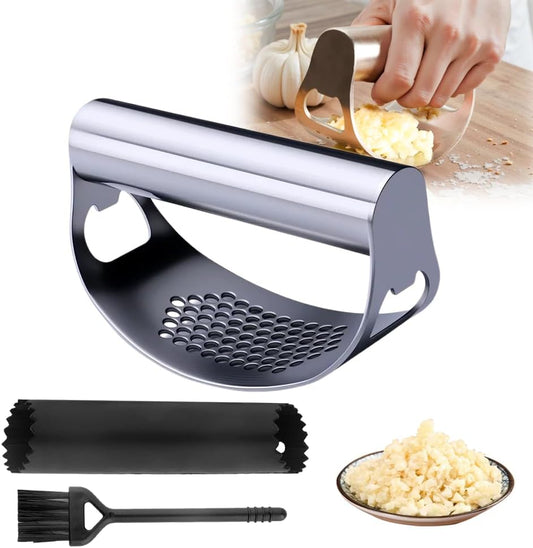 Garlic Press Rocker, 2026 Upgraded Heavy Duty Stainless Steel Garlic Mincer Crusher, with Peeler & Cleaning Brush, Professional Kitchen Gadget for Garlic Smash (1set)