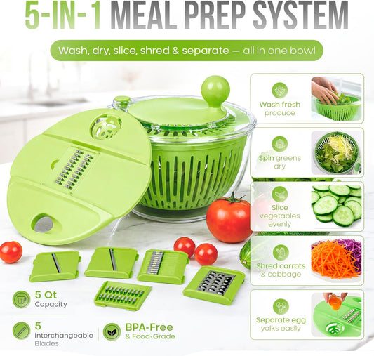 5-in-1 Salad Spinner Large with Lid Vegetable Washer and Dryer Fruit Cleaner Vegetable Chopper & Slicer with 5 Blades, 5 Qt Lettuce Spinner Strainer Shredder Bowl Egg Yolk Separator for Easy Meal Prep