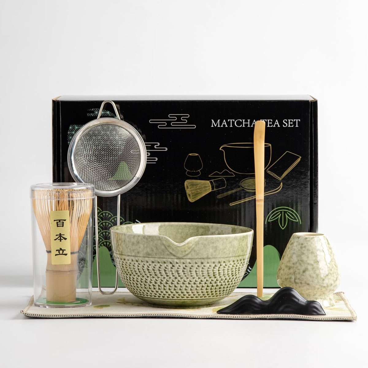 matcha whisk set Ceremony Accessory, Matcha Whisk, Traditional Scoop (Chashaku), Tea Spoon, Whisk Holder, 1 tea bowl, 1 tea siev, 7pcs matcha set.matcha green matcha kit