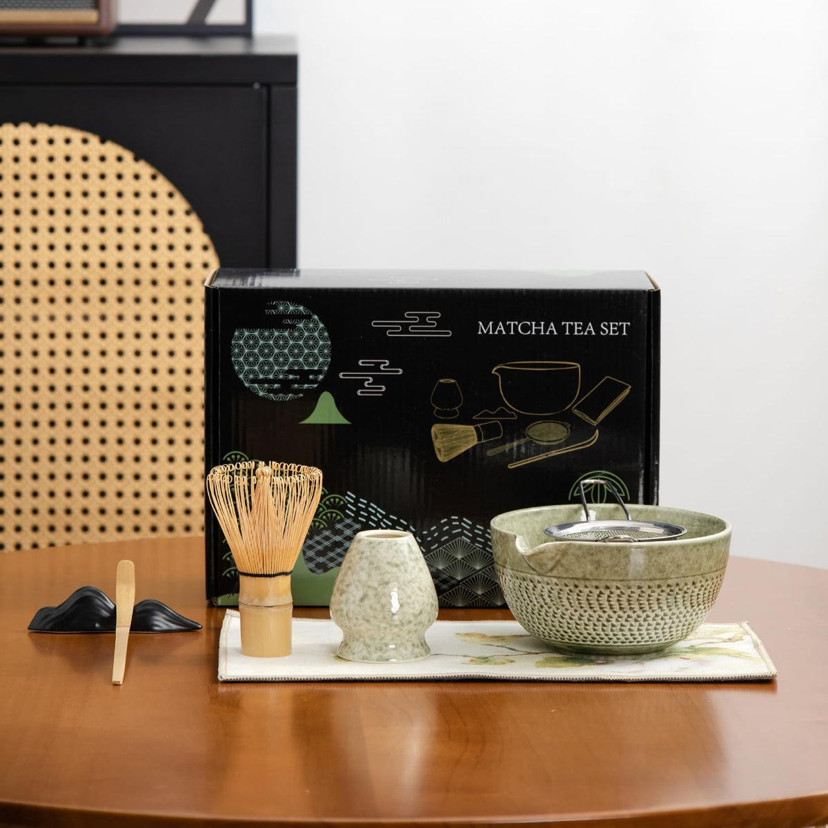 matcha whisk set Ceremony Accessory, Matcha Whisk, Traditional Scoop (Chashaku), Tea Spoon, Whisk Holder, 1 tea bowl, 1 tea siev, 7pcs matcha set.matcha green matcha kit