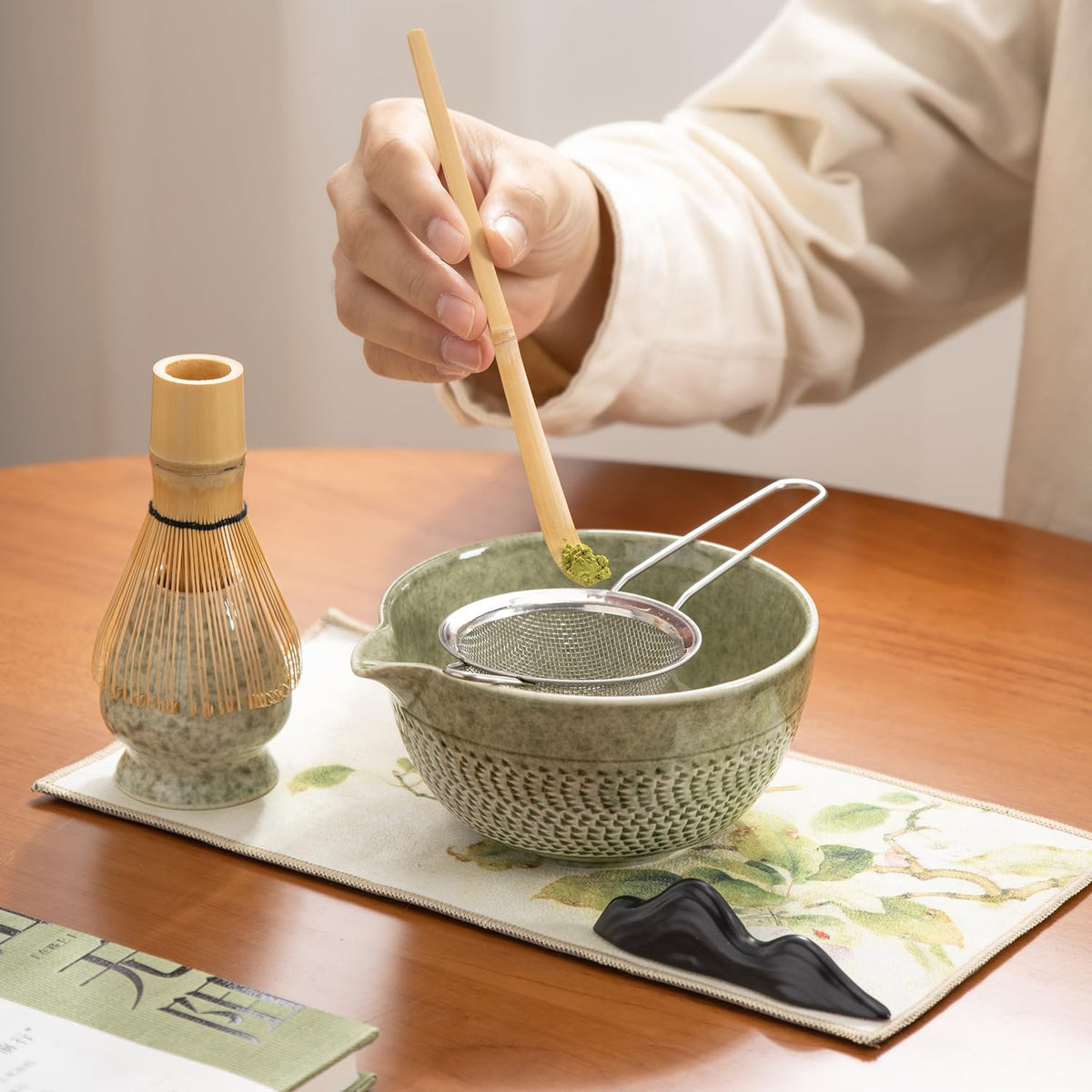 matcha whisk set Ceremony Accessory, Matcha Whisk, Traditional Scoop (Chashaku), Tea Spoon, Whisk Holder, 1 tea bowl, 1 tea siev, 7pcs matcha set.matcha green matcha kit