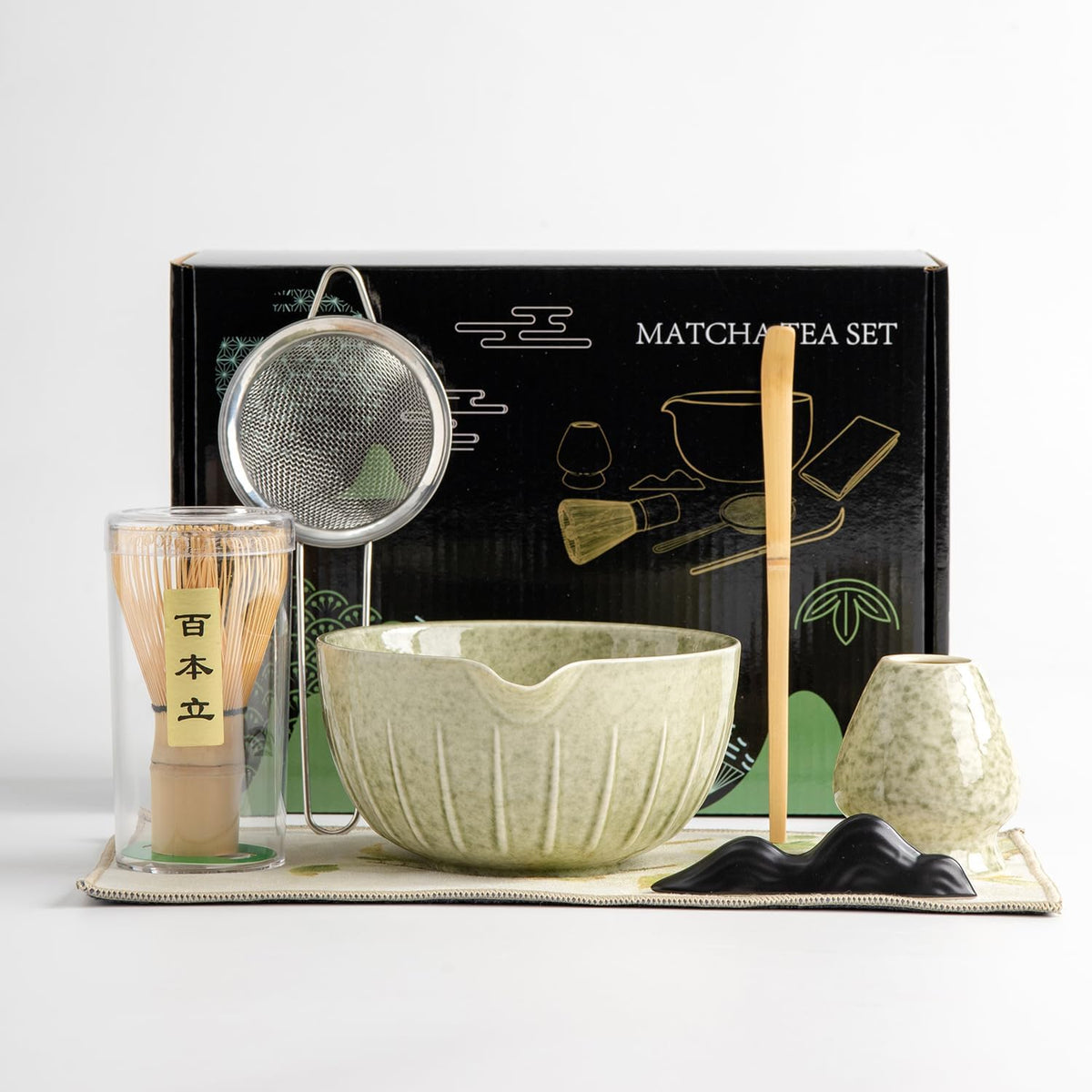 matcha whisk set Ceremony Accessory, Matcha Whisk, Traditional Scoop (Chashaku), Tea Spoon, Whisk Holder, 1 tea bowl, 1 tea siev, 7pcs matcha set.matcha green matcha kit