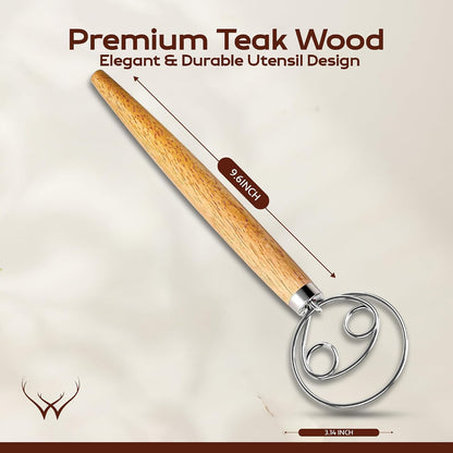 Danish Dough Whisk for sourdough 13 Inch - 304 Stainless Steel Hook with Long Wooden Handle – Essential bread whisk, artisan mixing & bread making