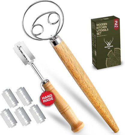 Danish Dough Whisk for sourdough 13 Inch - 304 Stainless Steel Hook with Long Wooden Handle – Essential bread whisk, artisan mixing & bread making