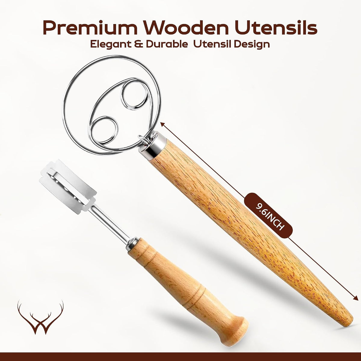 Danish Dough Whisk for sourdough 13 Inch - 304 Stainless Steel Hook with Long Wooden Handle – Essential bread whisk, artisan mixing & bread making