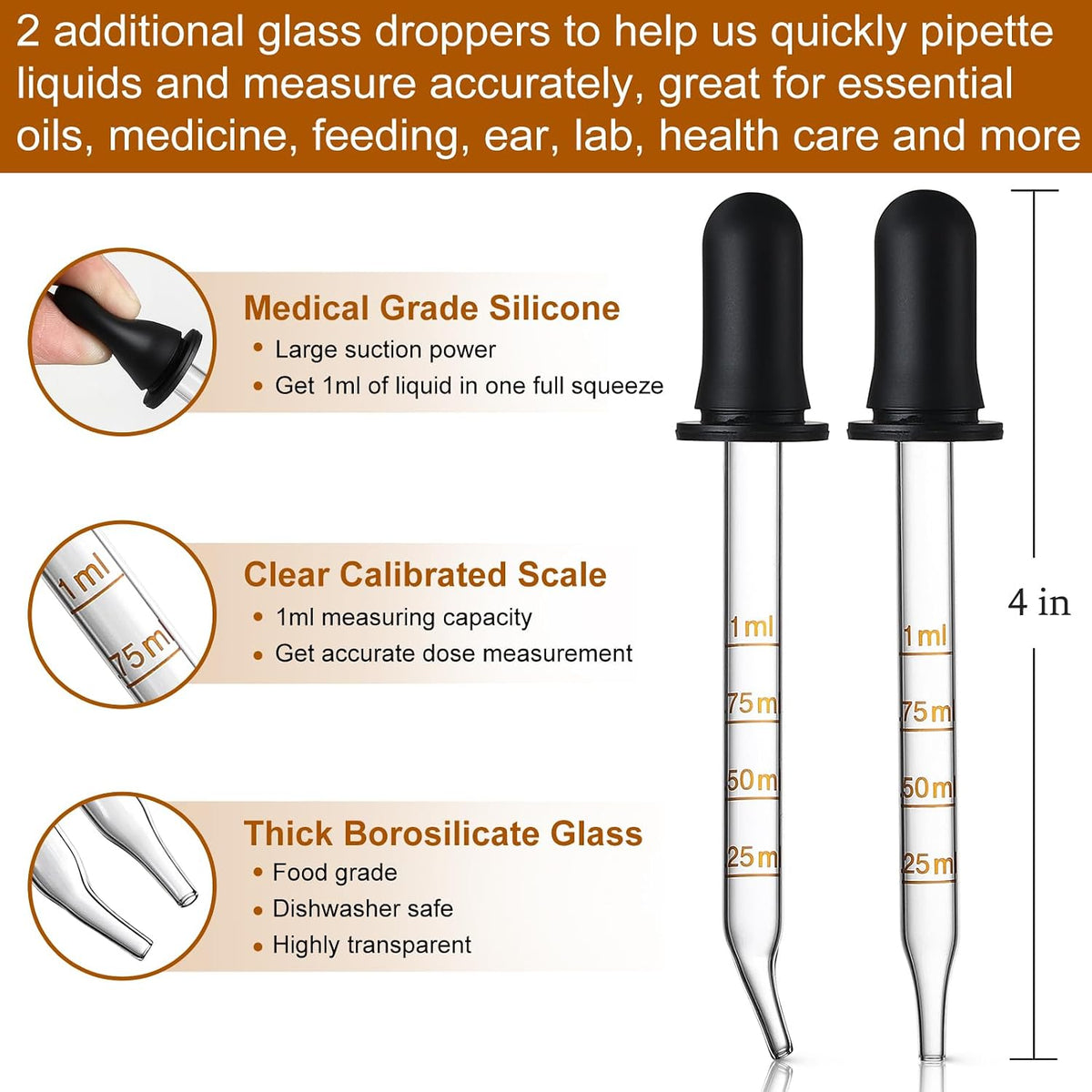 4 Pack, 2 oz Bottles with Dropper & 1 Funnel & 4 Labels - Essential Oils Bottles for Health, Personal Care & Beauty - 60ml Thick Dark Amber Glass Tincture Bottles, Refillable Cosmetic Containers