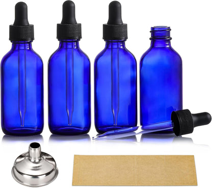 4 Pack, 2 oz Bottles with Dropper & 1 Funnel & 4 Labels - Essential Oils Bottles for Health, Personal Care & Beauty - 60ml Thick Dark Amber Glass Tincture Bottles, Refillable Cosmetic Containers