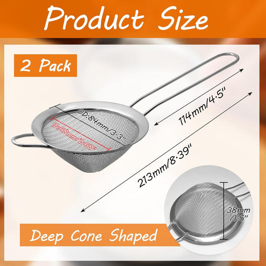 2 Pcs 8.5 cm/3.3 Inch Fine Mesh Strainer, Small | Stainless Steel Tea Strainer, Conical Mesh Strainers Sieve for Cocktail, Coffee, Food, Noodles, Tea Filter