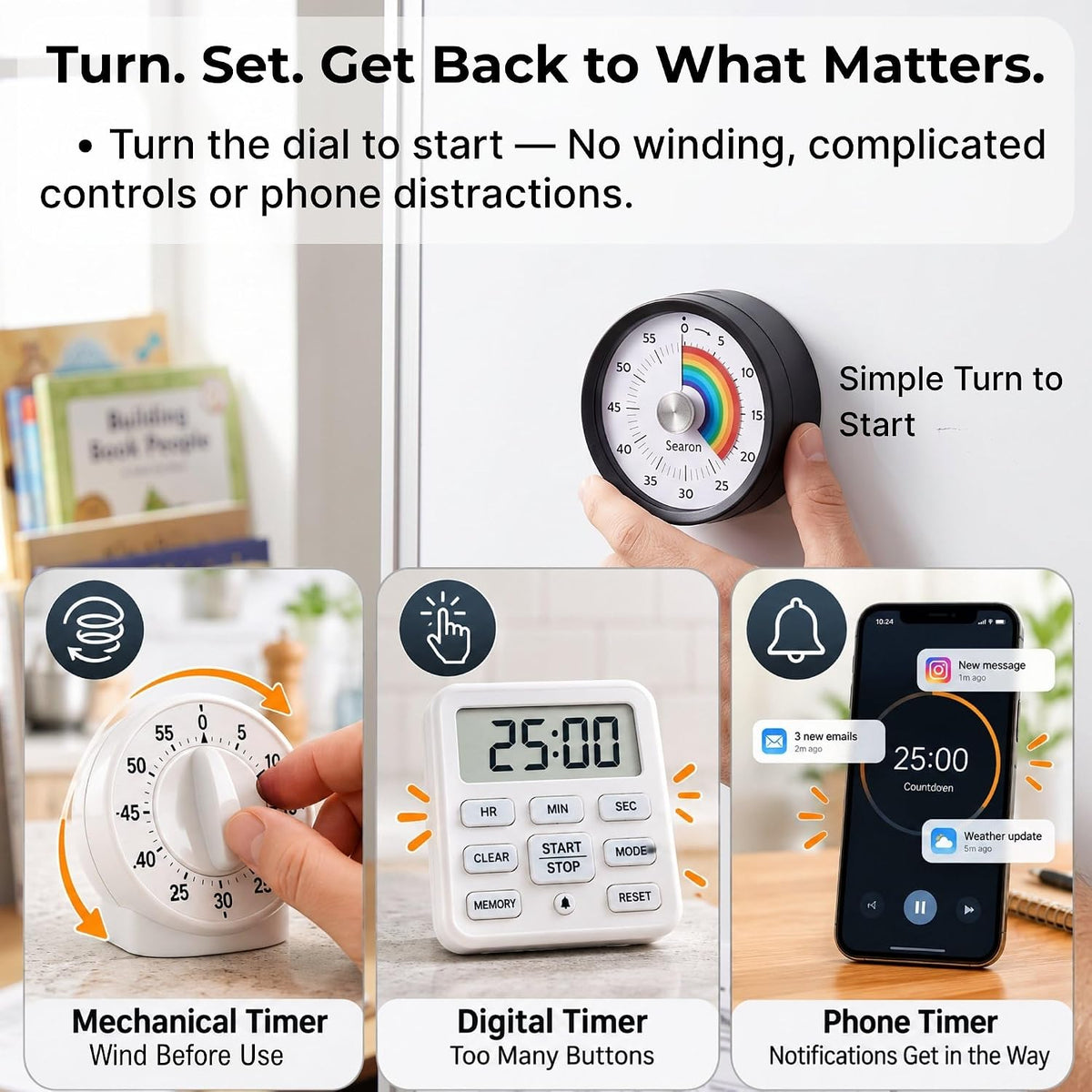 Magnetic Kitchen Timer, 60-Minute Visual Dial (Blue)