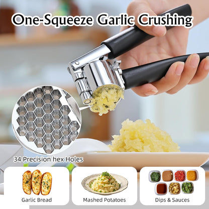 Garlic Press Mincer, Crusher Set with Removable Chamber - Ergonomic Handle, Dishwasher Safe, Easy to Clean for Kitchen, Cooking, Restaurants
