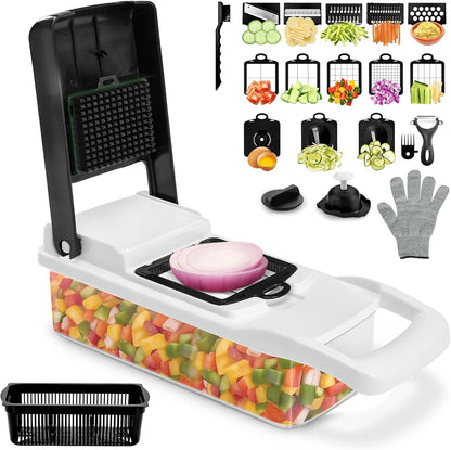 Multifunctional Vegetable Chopper with Container - 12 in-1 Adjustable 8-Blade Fruit & Veggie Chopper with Mandoline Slicer & Dicer | Kitchen Gadgets Food Cutter for Potato, Tomato & Onion (White)