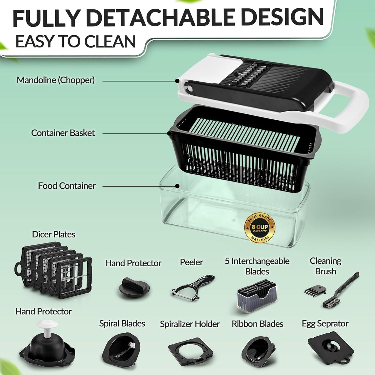 Multifunctional Vegetable Chopper with Container - 12 in-1 Adjustable 8-Blade Fruit & Veggie Chopper with Mandoline Slicer & Dicer | Kitchen Gadgets Food Cutter for Potato, Tomato & Onion (White)