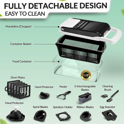 Multifunctional Vegetable Chopper with Container - 12 in-1 Adjustable 8-Blade Fruit & Veggie Chopper with Mandoline Slicer & Dicer | Kitchen Gadgets Food Cutter for Potato, Tomato & Onion (White)