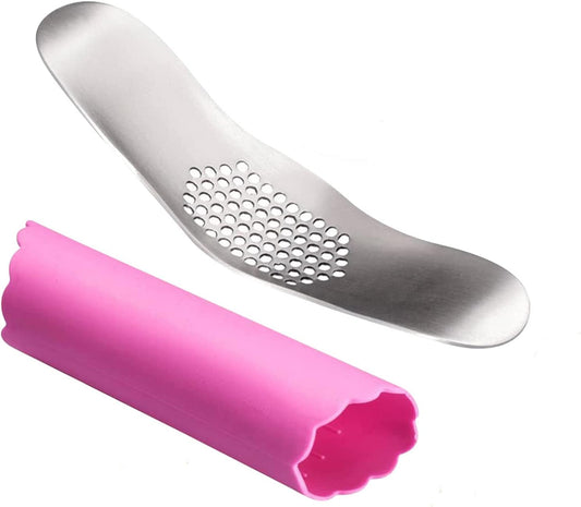 Garlic Press 304 Stainless Steel Garlic Rocker Mincer Food Grade with Silicone Peeler Garlics, Color Random Peeler
