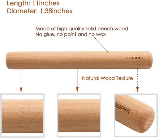 Wood Rolling Pin, Small - Dough Roller for Pasta, Cookies, Pie, Pizza, Chapati, Fondant, Rolling Pins for Baking, Bread Making Tools and Supplies - 11 x 1.38 Inches