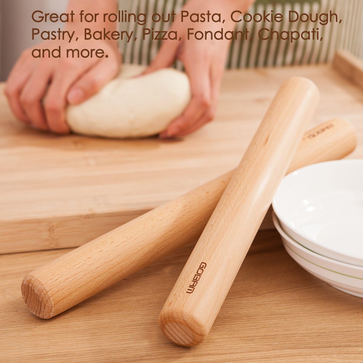 Wood Rolling Pin, Small - Dough Roller for Pasta, Cookies, Pie, Pizza, Chapati, Fondant, Rolling Pins for Baking, Bread Making Tools and Supplies - 11 x 1.38 Inches