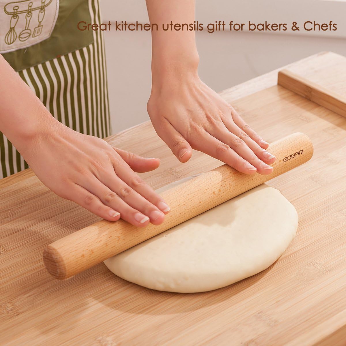 Wood Rolling Pin, Small - Dough Roller for Pasta, Cookies, Pie, Pizza, Chapati, Fondant, Rolling Pins for Baking, Bread Making Tools and Supplies - 11 x 1.38 Inches