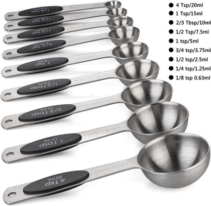 Magnetic Measuring Spoons Set of 9 Stainless Steel Measuring Spoons | Heavy Duty Nesting Teaspoons Tablespoons for Measuring Dry and Liquid Ingredients