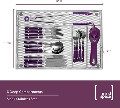 Cutlery Organizer Silverware Tray with 6 Compartments | Kitchen Utensil Drawer Organizer | Silverware Tray for Drawer | The Mesh Collection, Silver