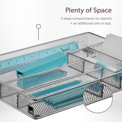 Cutlery Organizer Silverware Tray with 6 Compartments | Kitchen Utensil Drawer Organizer | Silverware Tray for Drawer | The Mesh Collection, Silver