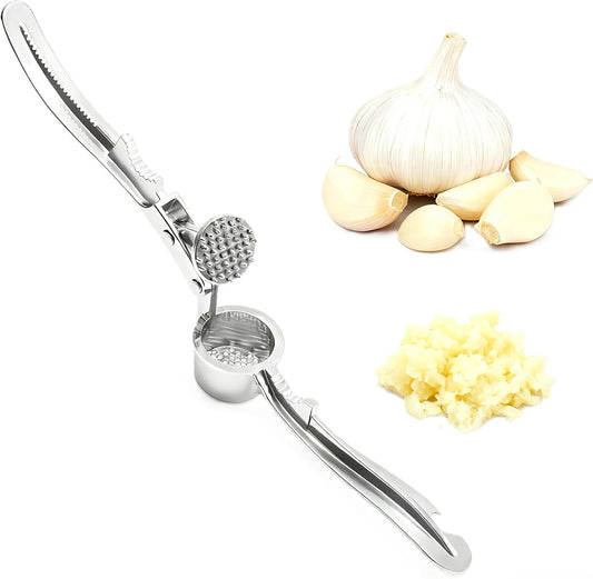 Aluminum Garlic Press with Peeler Dual Use for Garlic Nuts Ginger | Ergonomic easy-squeeze handle, rustproof, dishwasher safe for home camping use