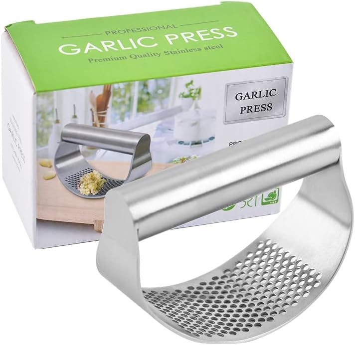 Garlic Press Rocker Stainless Steel Garlic Crusher, Mincer with Garlic Peeler and Cleaning Brush 3-Piece Set