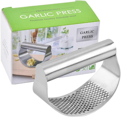 Garlic Press Rocker Stainless Steel Garlic Crusher, Mincer with Garlic Peeler and Cleaning Brush 3-Piece Set