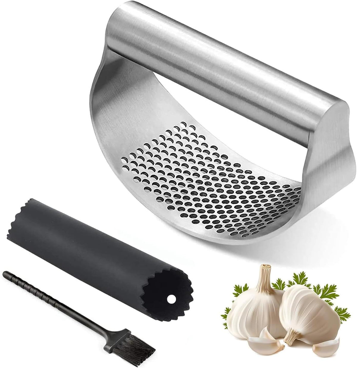 Garlic Press Rocker Stainless Steel Garlic Crusher, Mincer with Garlic Peeler and Cleaning Brush 3-Piece Set