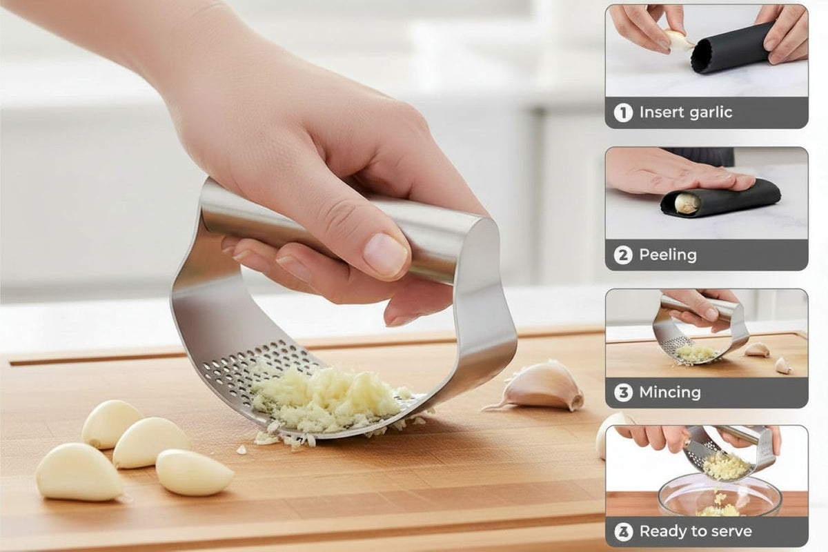 Garlic Press Rocker Stainless Steel Garlic Crusher, Mincer with Garlic Peeler and Cleaning Brush 3-Piece Set