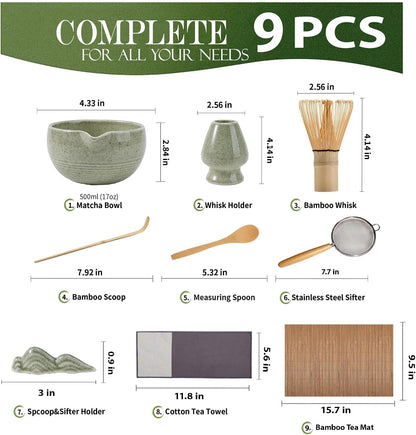 9-Piece Matcha Whisk Set, Complete Japanese Matcha Kit Tools with Ceramic Bowl, Bamboo Whisk & Scoops, Tea Ceremony Set in Elegant Gift Box, Mother’s Day Gift for Women (Matcha Green)